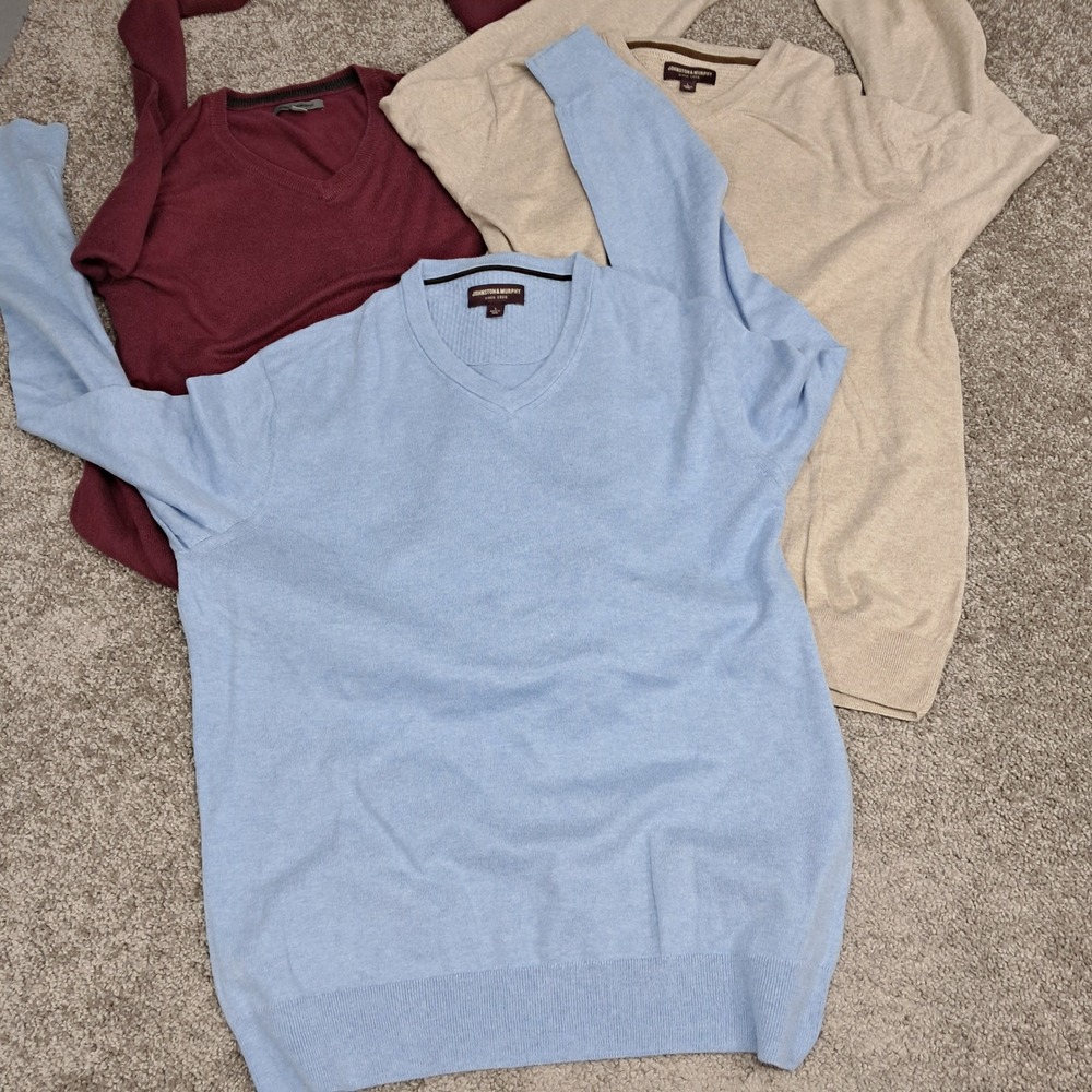 Johnston & Murphy‎ Mens V-Neck Sweater Bundle Blue Tan Burgundy Large Lot of 3